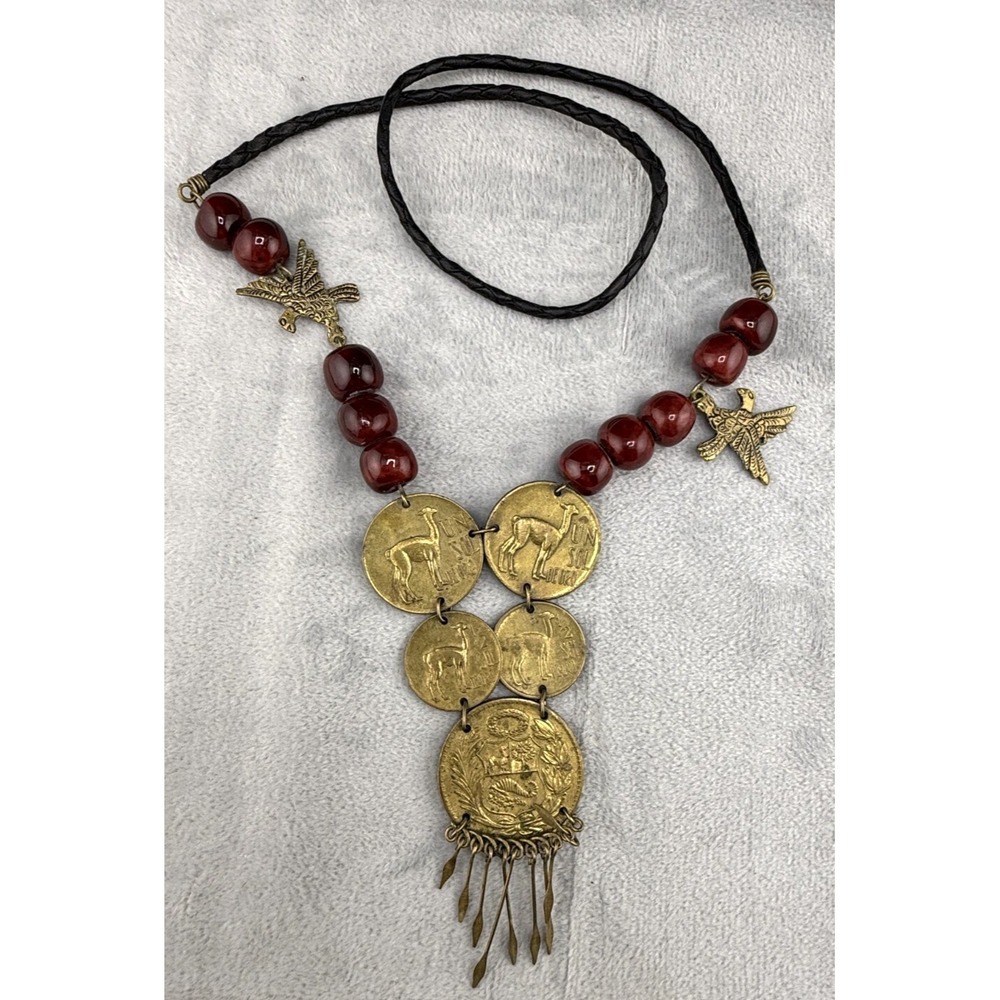 Vintage Peruvian Coin Necklace‎ Leather Cord Red Beads Eagle Gold Tone 23"